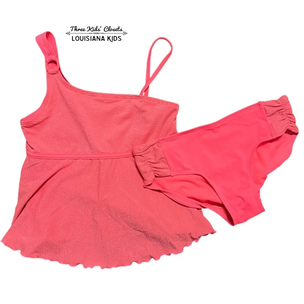 Justice 14Y Pink & Silver Metallic Striped Tankini One-Shoulder Swimsuit